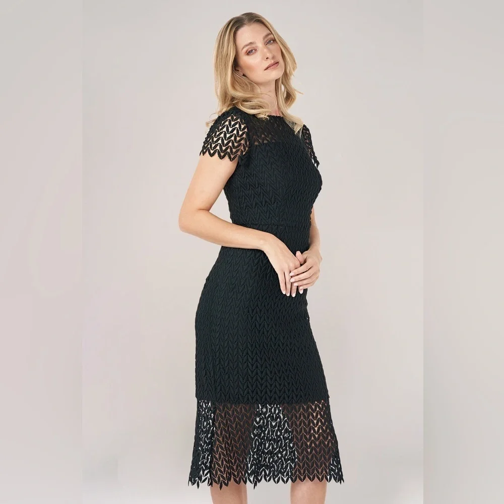 NWT Kay Unger Tatum Dress Floral Lace Sheath Midi Dress Black Size 14 - Picture 2 of 11